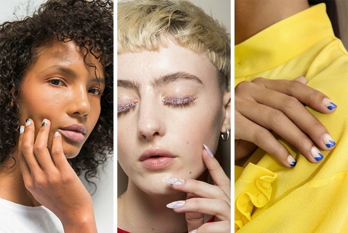 tres ejemplos de manicura francesa moderna con colores saturados, uñas en gel en diferente forma, moda 2018 