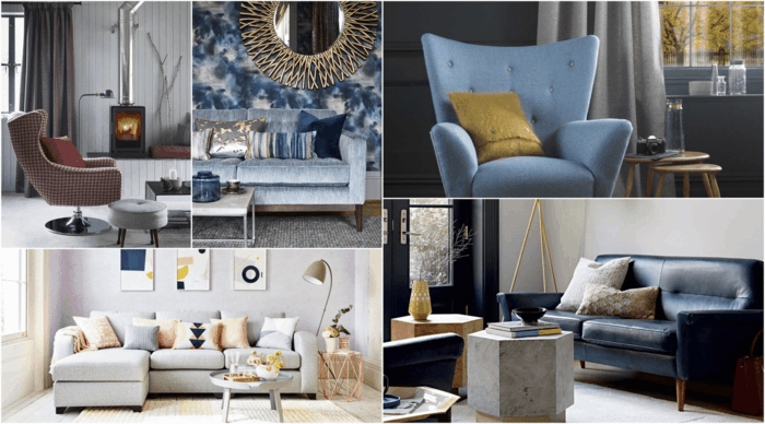 decoracion habitacion matrimonio, varias propuestas de decoración en estilo nórdico con sillones tapizados, combinaciones de gris con azul, rosado y crema