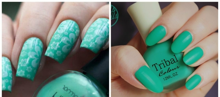 decorar uñas en verde claro, dos ejemplos de uñas largas en forma cuadrada y ovalada, uñas en gel tendencias primavera