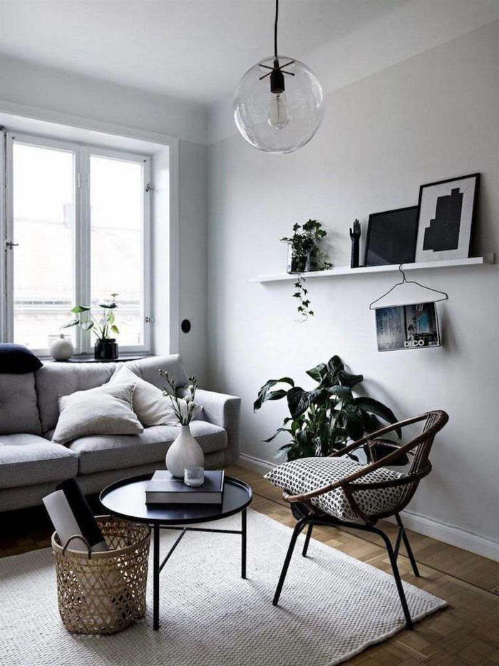 ejemplos de salones modernos pequeños y acogedores, paredes en gris, muebles modernos y funcionales y decoración de plantas verdes
