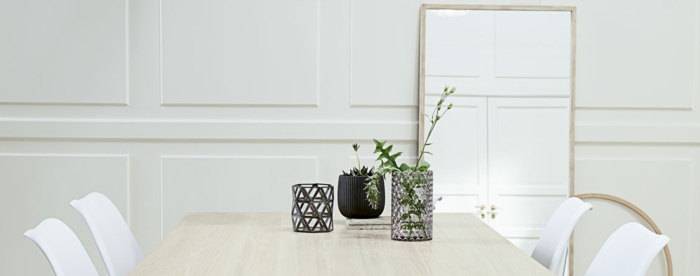 decoración en estilo minimalista con espejos grandes de pared, colores claros y decoración con plantas verdes