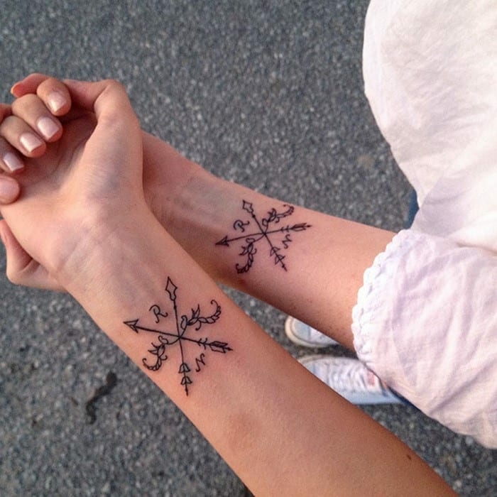 tatuaje clásico con flechas cruzadas e iniciales, tatuaje muñeca mujer, simbolo de familia, mujer con blusa blanca