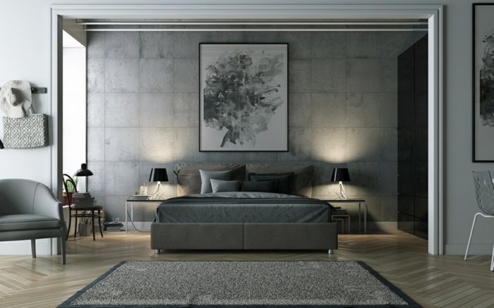 decoracion habitacion matrimonio, dormitorio doble en gris pizarra, suelo con parquet, luz artificial, pintura al oleo abstracta grande