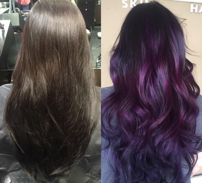 cabello con balayage antes y despues, pelo largo castaño liso, fotos de rayitos en cabello oscuro color violeta