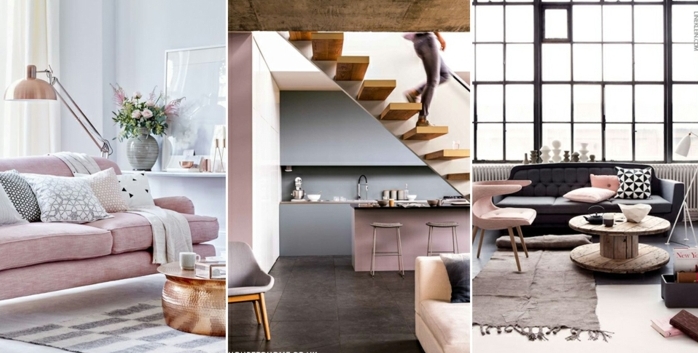 paredes grises, tres ideas de decoracion moderna en gris oscuro y rosado pastel, color cobrizo, amdera natural, mucha luz