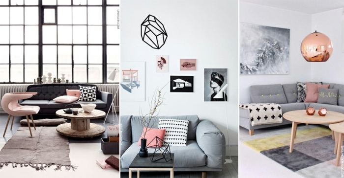ejemplos de decoracion en colores neutros y colores pastel, salones modernos, habitacion gris y blanca