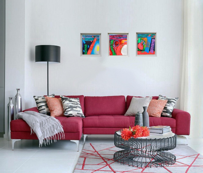 como decorar un salon en estilo minimalista, muebles en rojo y gris, cuadros decorativos multicolores