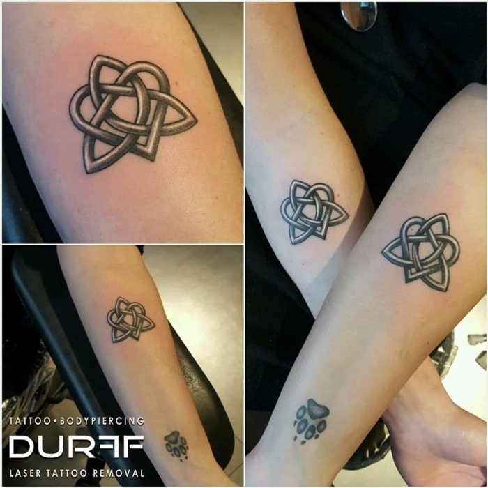 diseño de tatuajes, idea para hermanas, símbolo celta de unión, tatuaje en el antebrazo, tatuajes de familia
