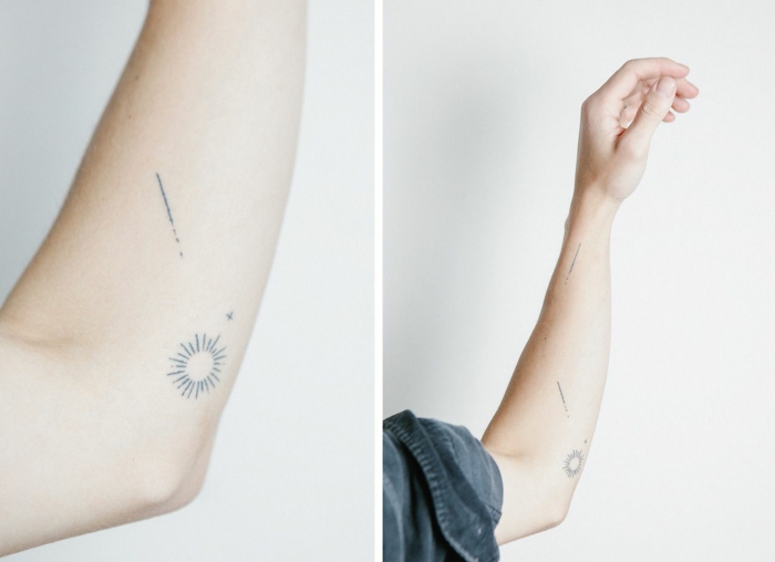 tatuaje antebrazo hombre, lineas negras, sol estilizado, tatuajes pequeños con significado, diseños minimalistas