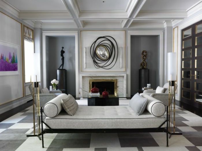 preciosa decoración en gris y blanco con detalles en dorado, salon gris y blanco con elementos vintage y pintura en color 