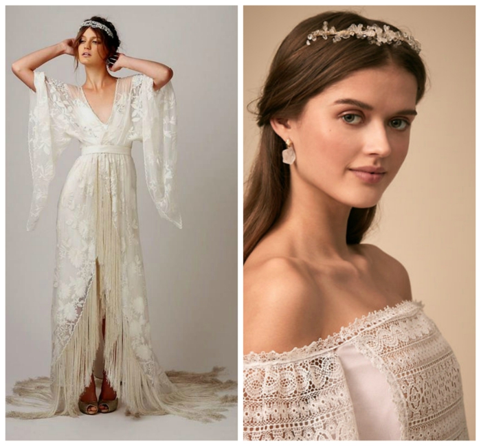 dos propuestas de vestidos de novias sencillos, vestido de encaje color marfil con diseño original, tiaras blancas en la cabeza 