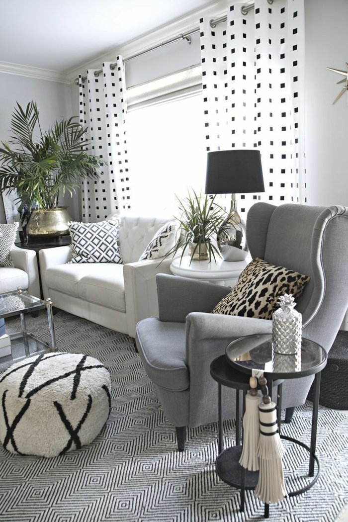 espacio elegante en estilo moderno con toque vintage, muebles y objetos decorativos con patrones en blanco y negro, bonitas ideas decoracion salon