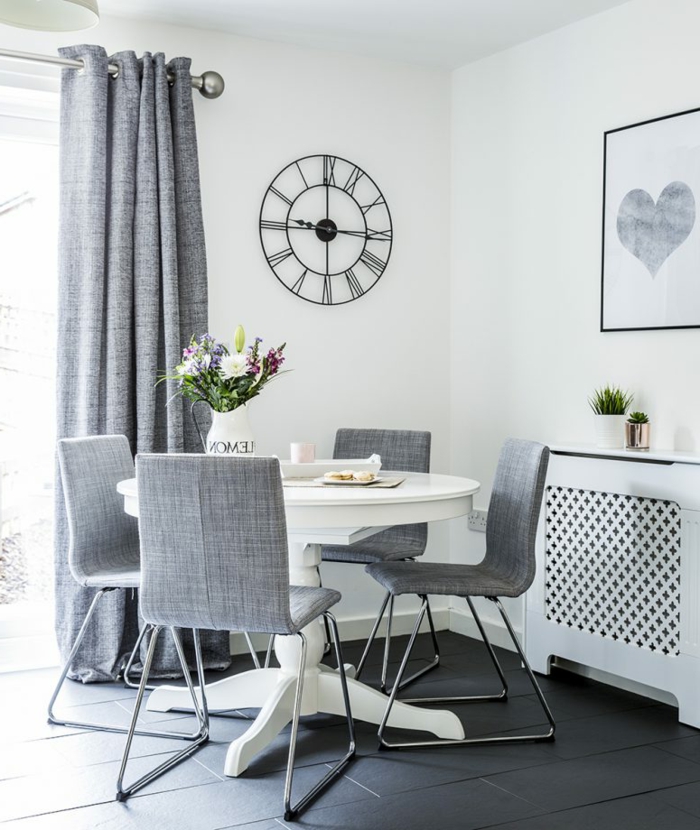 salon comedor pequeño, paredes en blanco con decoración moderna, ideas decoracion salon con muebles y detalles en gris