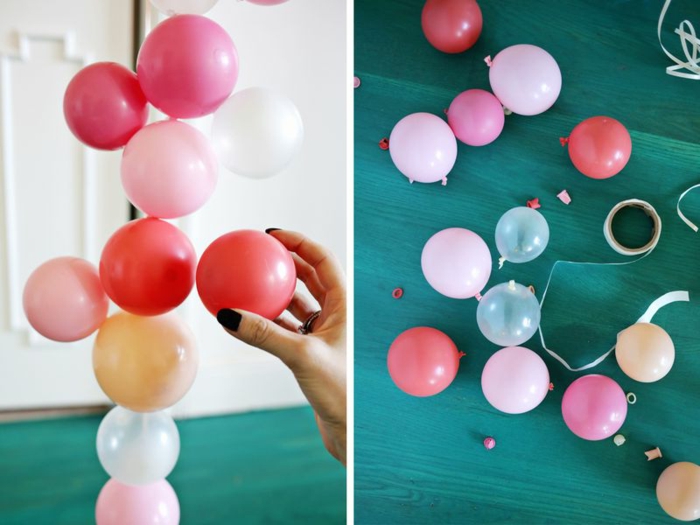 decoración con globos pequeños en diferentes colores, guirnalda DIY hecha a mano, decoración original paso a paso 
