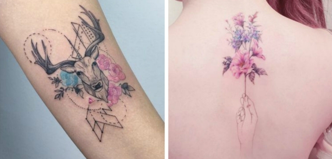 ideas de tatuajes antebrazo mujer y tatuaje en espalda, dibujos con acuarela, diseños bonitos y originales 