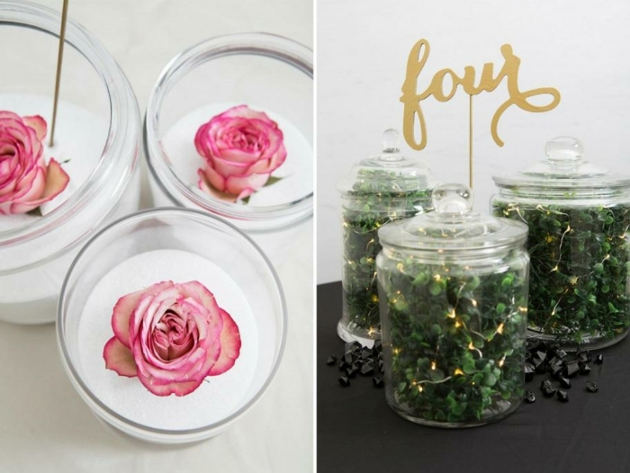 diferentes maneras de decorar frascos de cristal, tarros decorados con flores y plantas verdes artificiales, decoración DIY facil de hacer