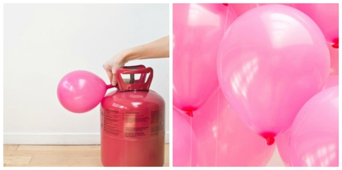 ejemplos de manualidades para cumpleaños, como inflar un globo con englobadora, arco de globos en forma de corazón 