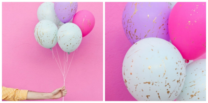 pasos para decorar unos globos de cumpleaños de manera encantadora, globos en azul, lila y color fucsia con detalles en dorado 