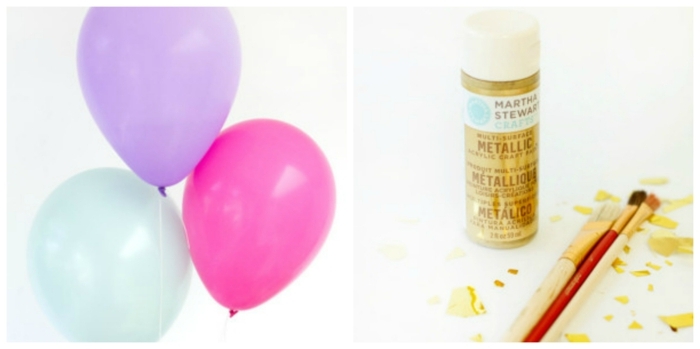 decoración con globos en colores pastel con pintura dorada, manualidades con globos con tutoriales 