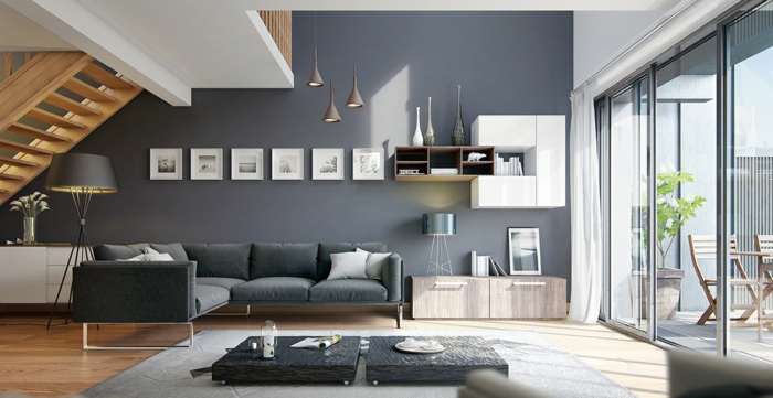 espacio abierto decorado en estilo contemporáneo con paredes color pizarra, decoracion salon comedor con muebles de diseño 