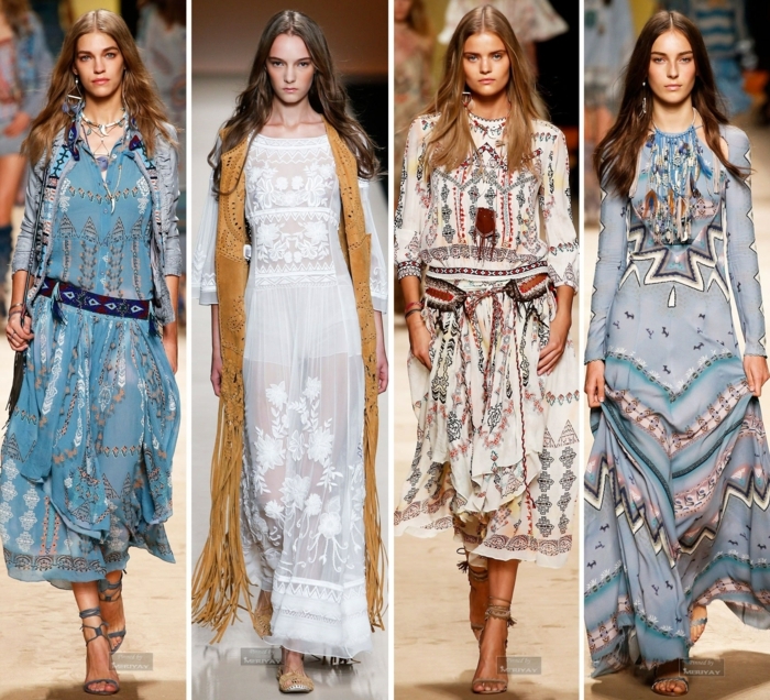 ejemplos modernos de vestido boho, motivos étnicos y florales, diseños bonitos en blanco y azul con ornamentos 