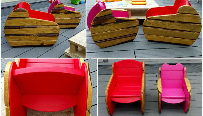 sillas y bancos con palets DIY, bonitas sillas pintadas en colores llamativos para los pequeños 