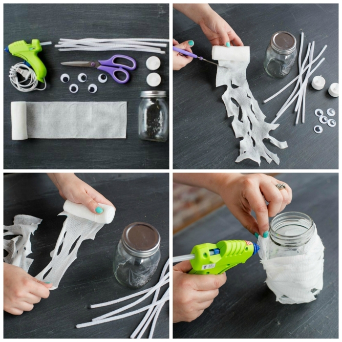 ideas de manualidades con botes de cristal, como hacer un fantasma DIY de un pequeño frasco de vidrio y tela en blanco