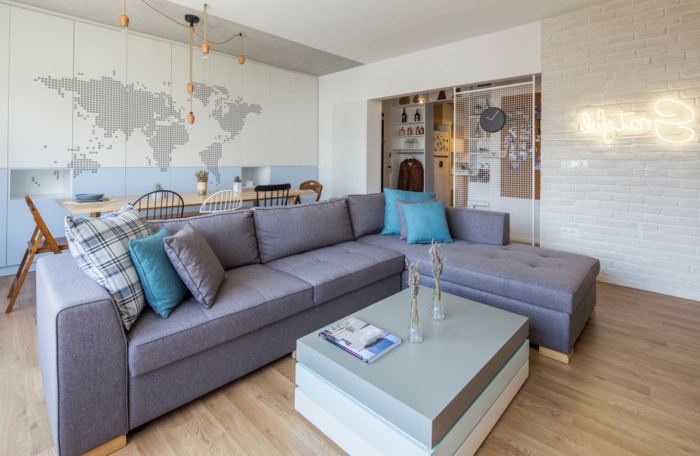 espacio intercomunicado, salón con sofá de esquina y comedor moderno, decoracion de salones en estilo contemporáneo 