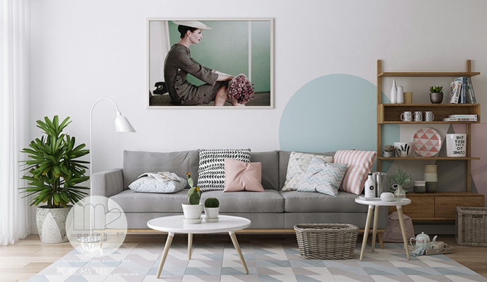 ideas para decorar un salon en colores pastel, salón moderno con grande pintura en la pared, alfombra original en tonos pasteles