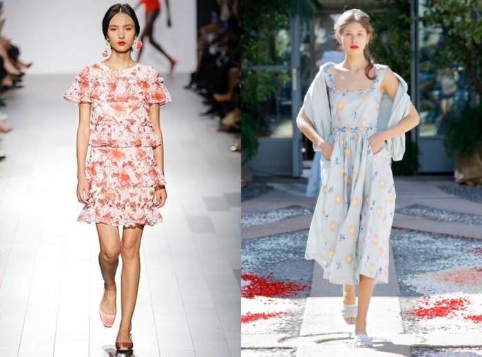 dos propuestas de vestidos para el verano en estilo hippie chic, ropa boho chic con motivos florales, colores modernos claros 