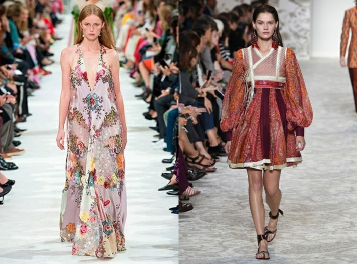 tendencias vestido boho 2018, dos propuestas de vestidos en boho chic, diseños originales con estampados de flores 