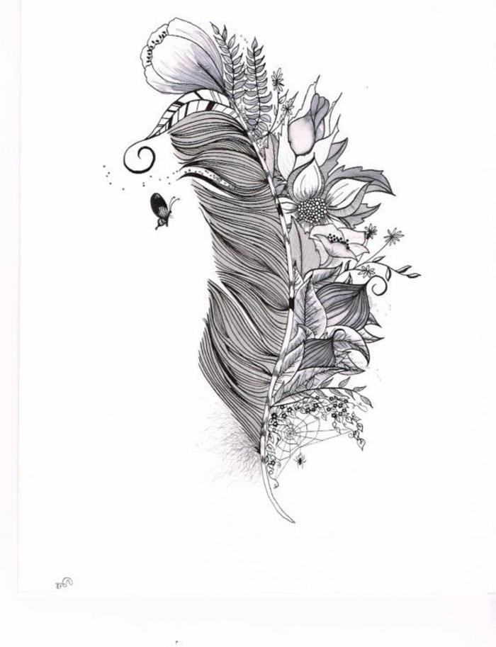 tatuaje pluma con flores, bonito dibujo de tatuaje con pluma, diseño original y simbolico 