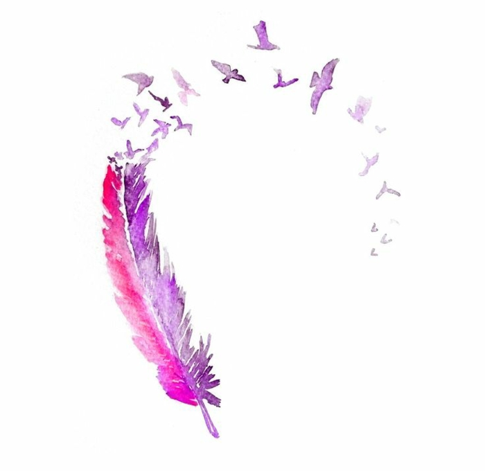 diseño de tatuaje original y bonito, pluma en rojo y lila descomponiendose en aves en pleno vuelo, diseños de tatuajes originales 