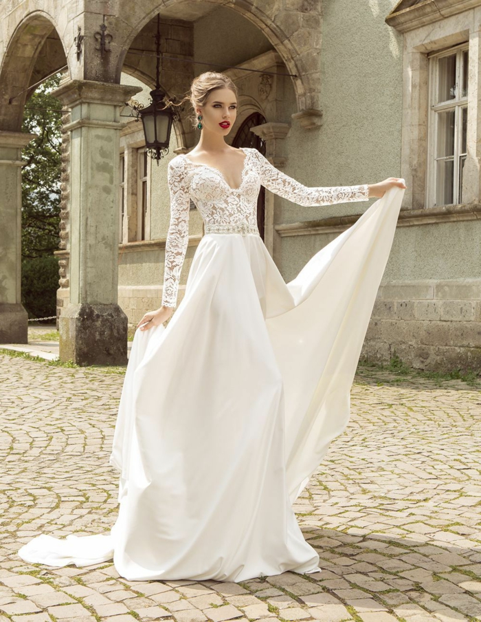 precioso diseño corte princesa en blanco nuclear, cintura alta y parte superior de encaje, vestido novia romantico y elegante 