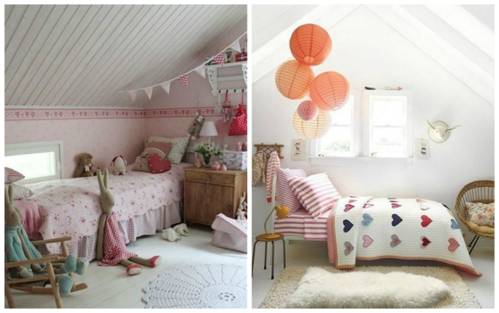 dos habitaciones de niñas de encanto, dormitorios con techo inclinado decorados en blanco con detalles en rosado y preciosa decoración