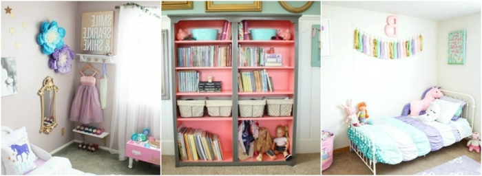 tres ejemplos de decoración de habitaciones infantiles en colores pastel, ideas originales cuartos de niñas