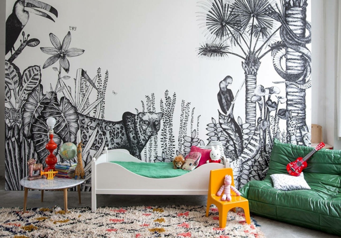dormitorios de niñas decorados de manera original, papel pintado en la pared con dibujos de animales de la jungla 