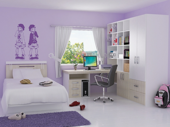 precioso ejemplo de dormitorio juvenil niña pintado en lila, vinilo de pared simpático, cama y armario en blanco y beige 