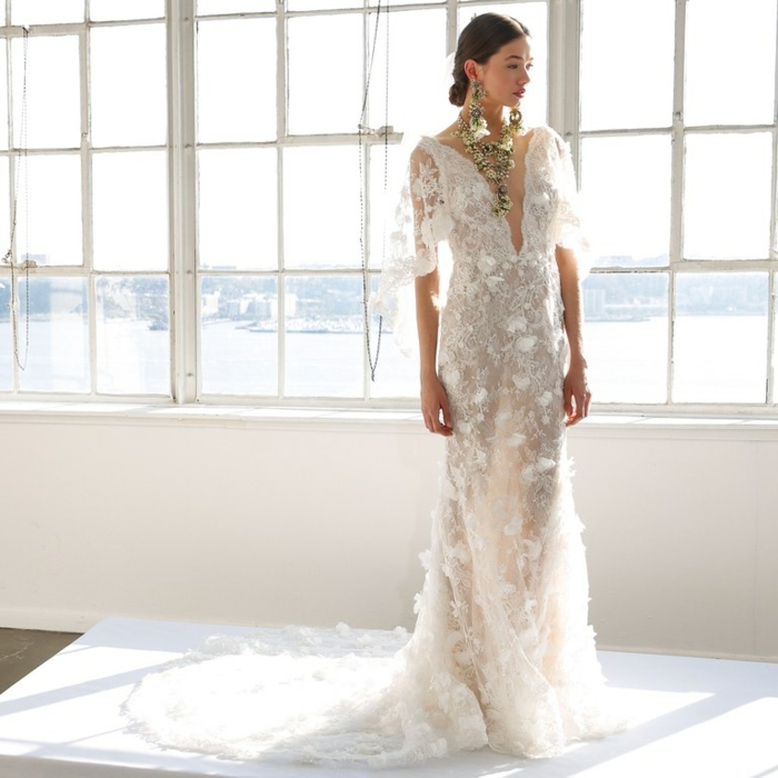 tendencias 218 de vestidos de novia cortos y largos de encaje, precioso diseño con apliques de flores y grandes peldientes 