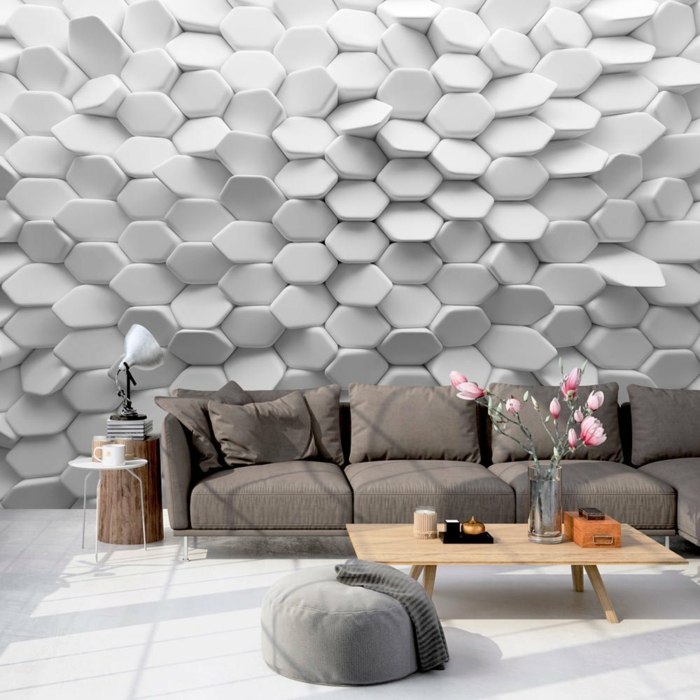 papel pintado con efecto tridimensional, decorar con papel pintado espacios modernos, salón decorado en gris y beige 