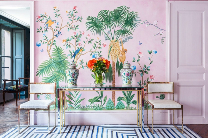 preciosas ideas para decorar con papel pintado, entrada en estilo moderno con papel pintado en rosado motivos de la jungla