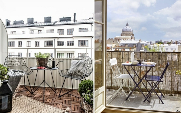 dos ejemplos de bonitas terrazas con vista, muebles pequeños y sillas plegables y suelo de parquet, decoracion terrazas pequeñas