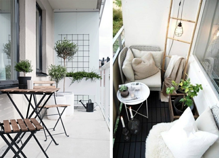dos ejemplos de decoracion terrazas aticos en estilo escandinavo, detalles en colores claros y plantas verdes 