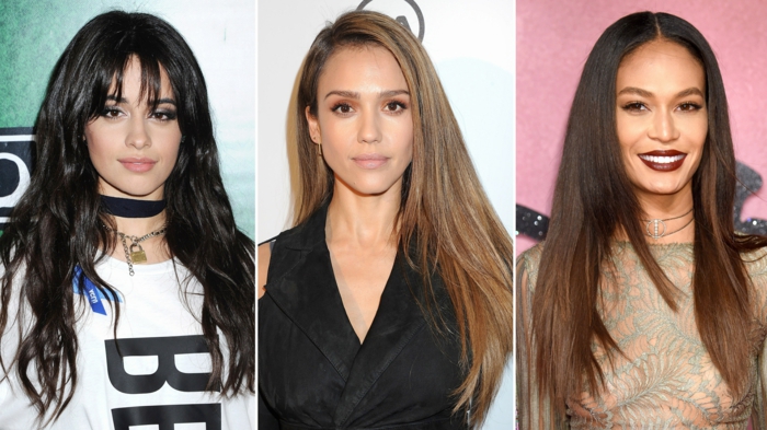 tres ejemplos de corte de pelo largo, cortes de pelo para cara alargada, tendencias peinados 2018 