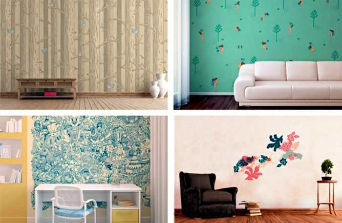 cuatro ejemplos de papel decorativo para pared moderno con motivos florales, habitaciones modernas decoradas en estilo minimalista 