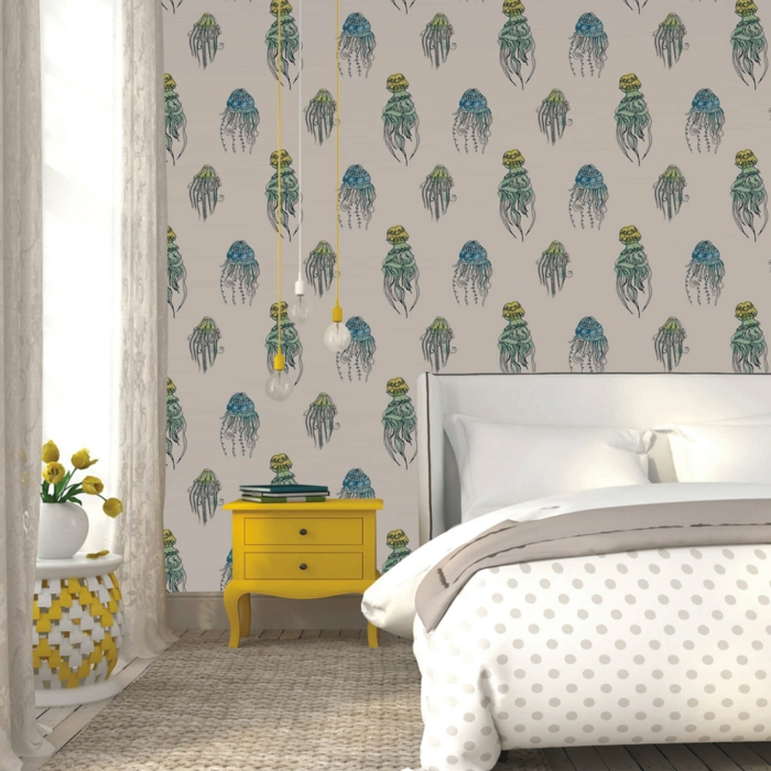 decoración dormitorio papel decorativo para pared original, elementos decorativos en amarillo y suelo de moqueta 