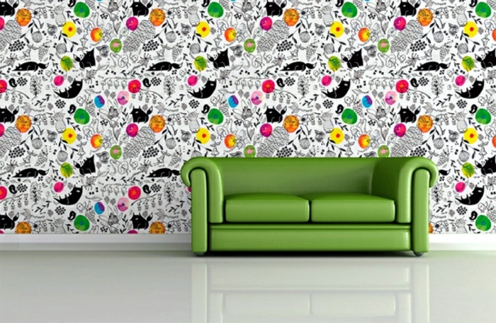 papel decorativo para pared en colores llamativos, propuestas originales decoración salon estilo minimalista 