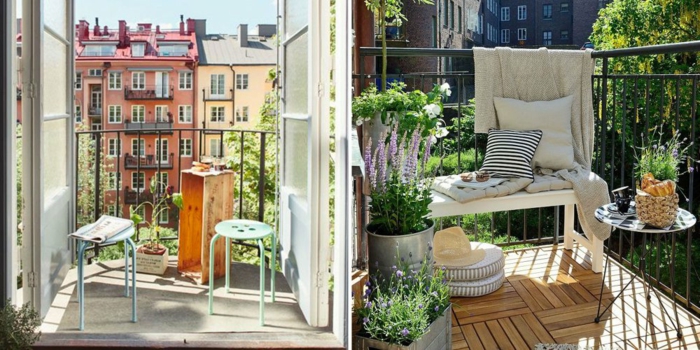dos ejemplos de decoracion balcones pequeños con suelo de parquet, plantas verdes y muebles DIY 