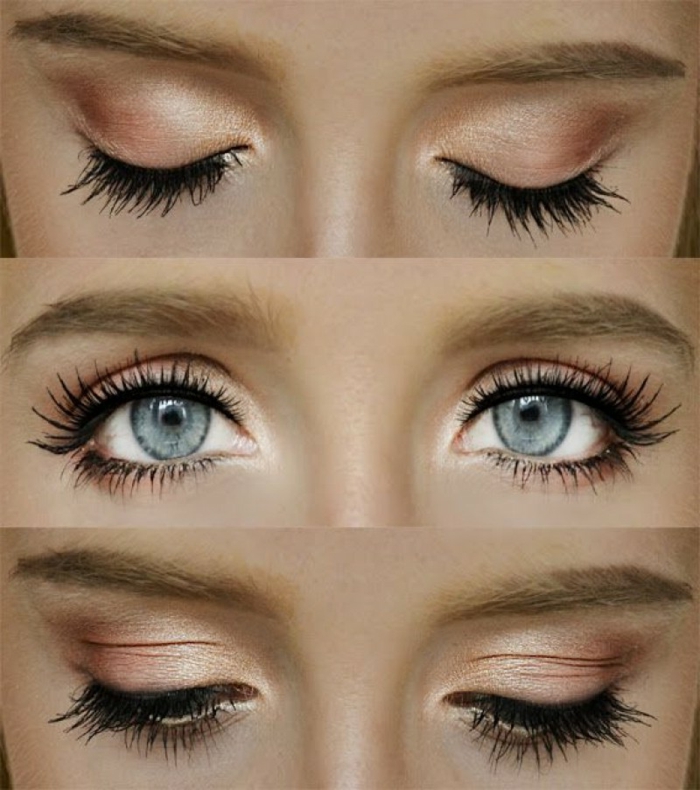 maquillaje paso a paso para conseguir un efecto de ojos más grandes, sombras en color naranja y dorado 