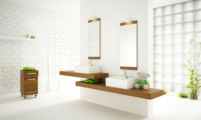 baños blancos con muebles de madera, paredes con azulejos con estampado de puntos verdes 